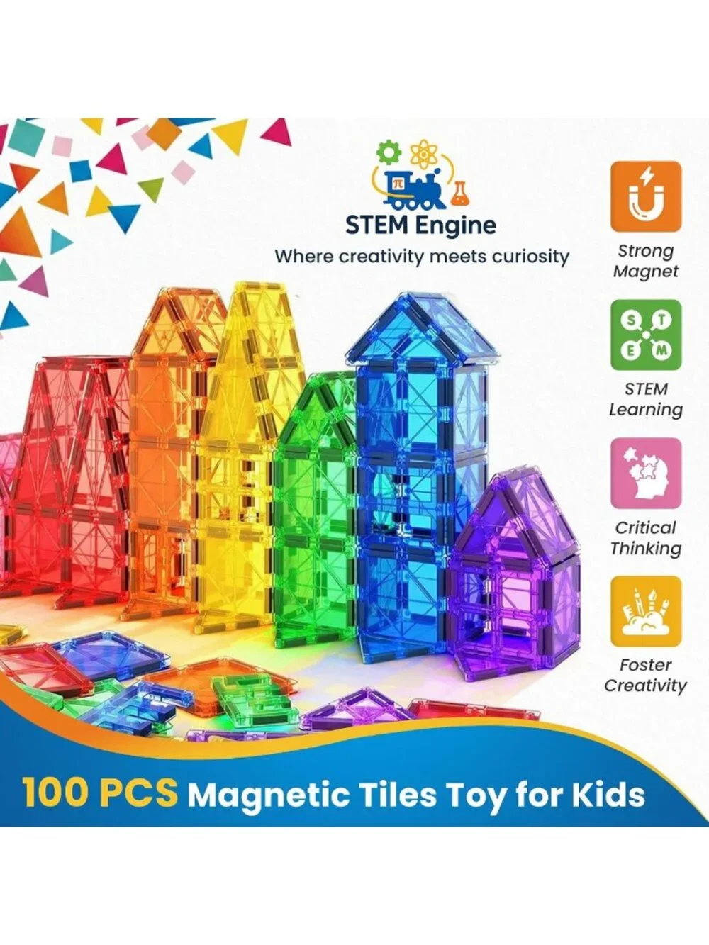 100 Pc Magnetic Building Blocks Set for Kids - Educational Magnet Tiles & Cars